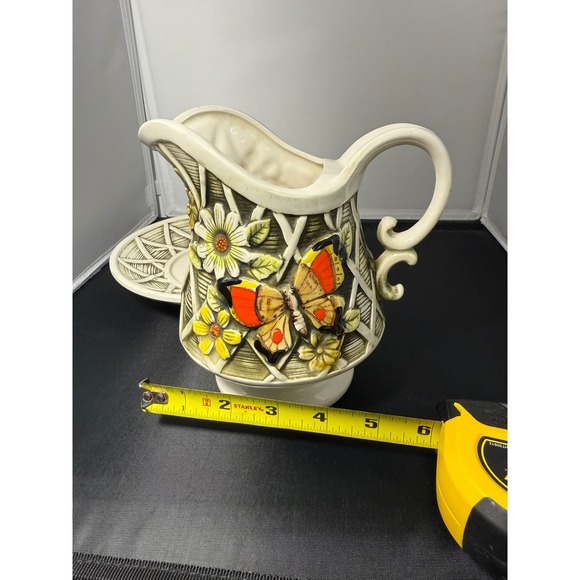 1970 Vintage Wales Ceramic Butterfly Flower Pitcher Vase and Saucer Plate set - Picture 3 of 12